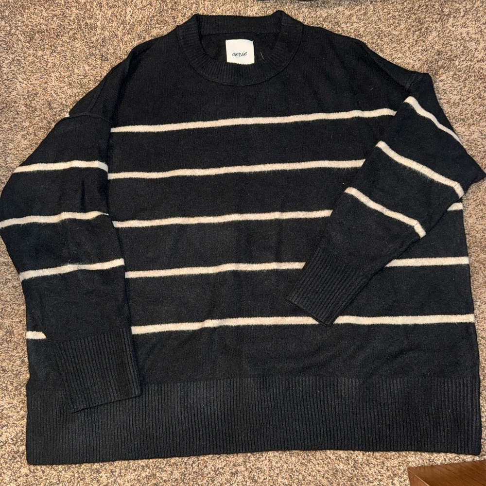 Aerie Black and Cream Striped Crewneck Sweater